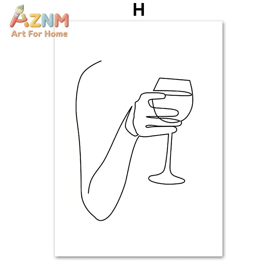 AZNM Minimalist Line Art Kitchen Canvas Wall Art 2D Flat Frameless Print Coffee Wine Strawberry Pear Neutral Beige Dining Room D