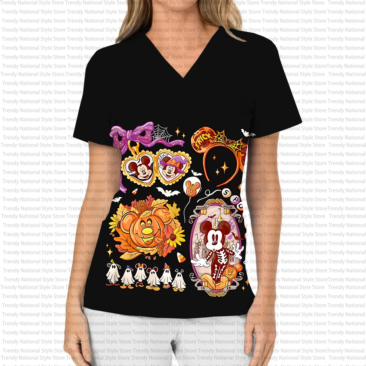 Women's Work Uniform Halloween Disney Mickey and Minnie Print V-Neck Pocket Women's Work Uniform Snoopy Women's T-shirt