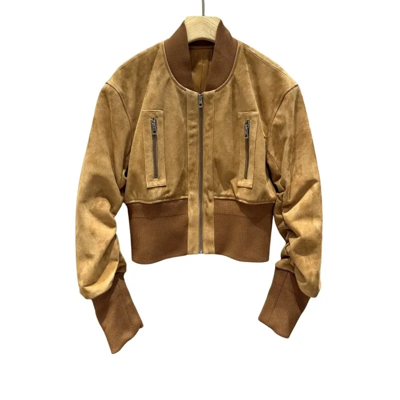 100% Natural Sheepskin Baseball Suede Jacket Coat Top Quality Slim Jaqueta Feminina De Couro Leather Top  yellow leather jacket