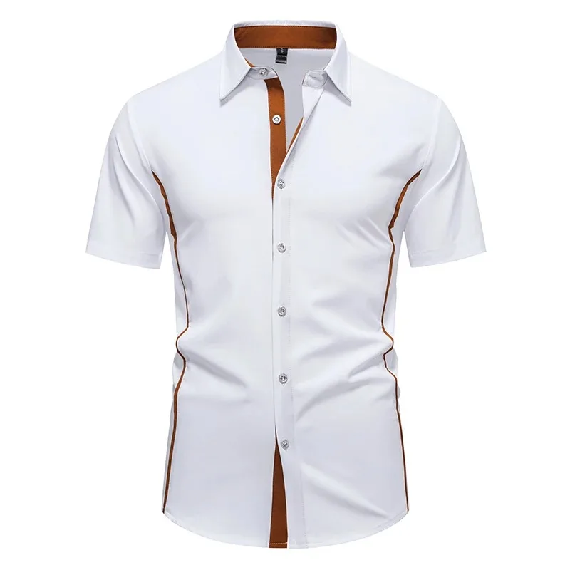 Men's Slim Fit Short Sleeved Shirt, Summer Color Block Design, Comfortable and Versatile Top, Suitable for Daily Office Use