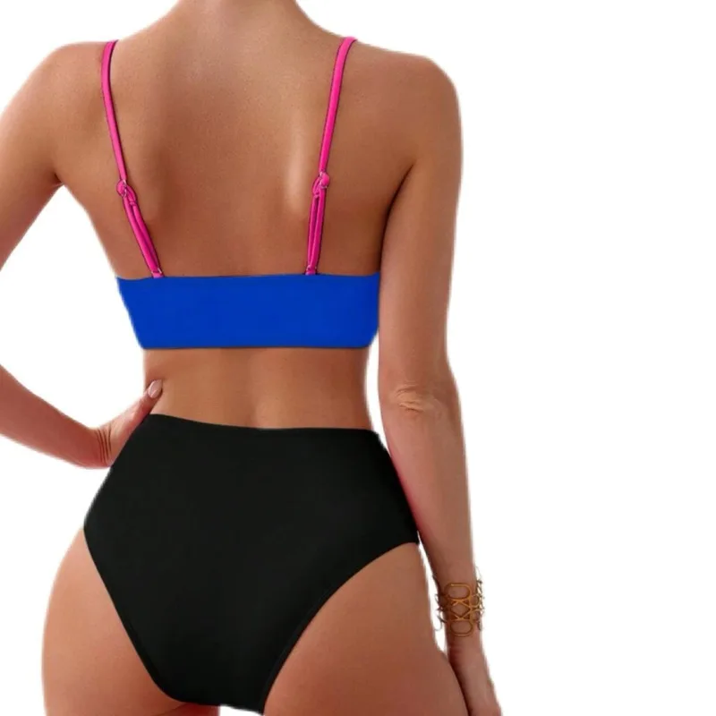 Contraste cor roupa de banho feminina conjuntos de biquíni novo sexy conjunto de biquíni cor sólida estilingue plissado split maiô feminino 2 peças micro