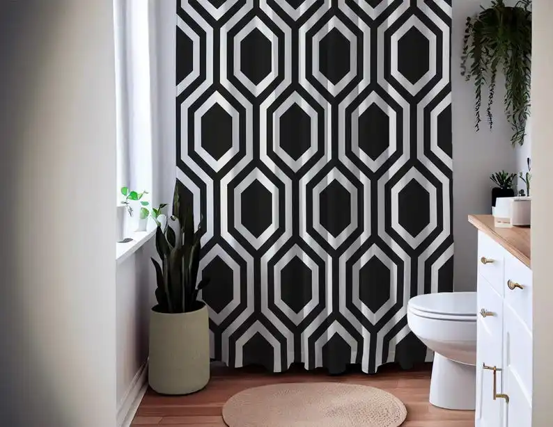 Bold Geometric Shower Curtain – Black and White Honeycomb Pattern, Modern Graphic Bathroom Decor, Waterproof Fabric