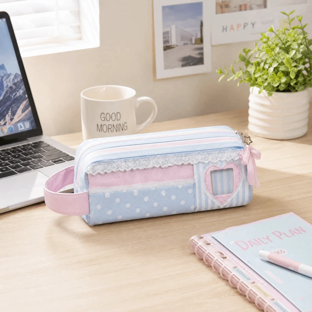 Multi Function Pink Blue Pencil Case Polka Dot Design Large Capacity Pen Bag Stationery Bag Students