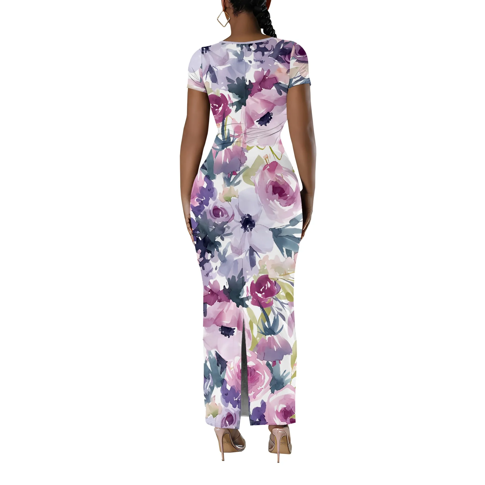 Nupusa カラフルな花柄ボディコンドレス女性のための U ネック半袖夏カジュアルマキシドレス