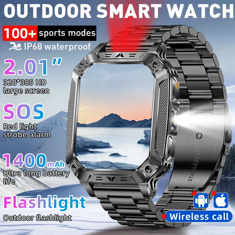 

2026 Men's Smartwatch Outdoor Sports Tracker Heart Rate 1400mAh Battery BT Call Messages Flashilight Waterproof SOS Smartwatch