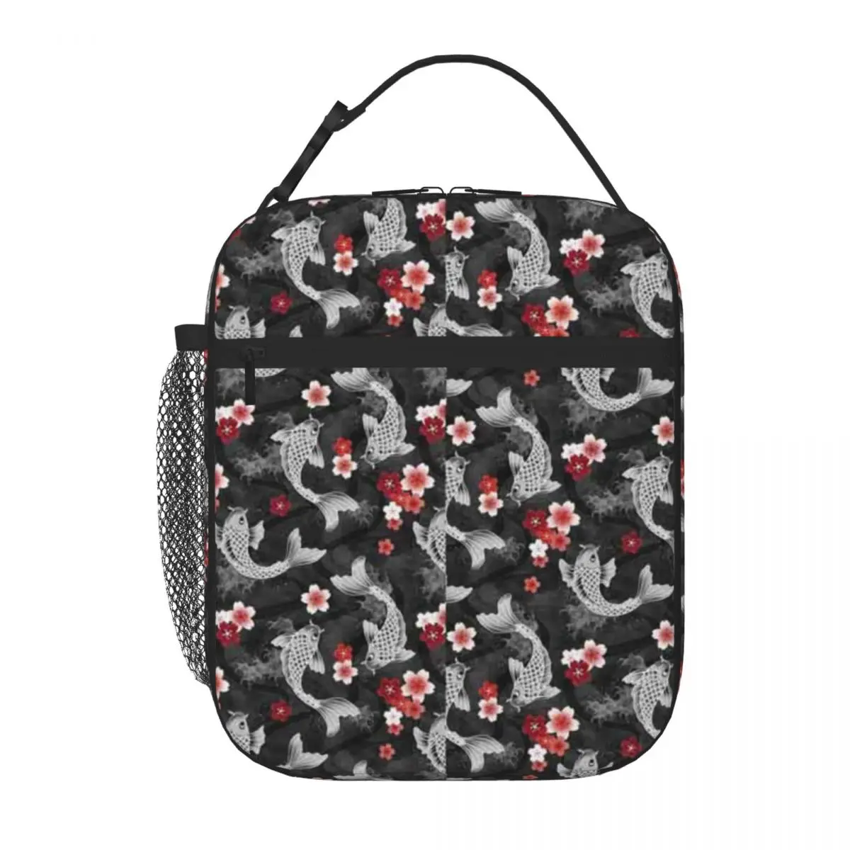 Bestselling Koi Sakura Blossom In Black Striped Lunch Box Bag Business Travel Meal Lunch Bag