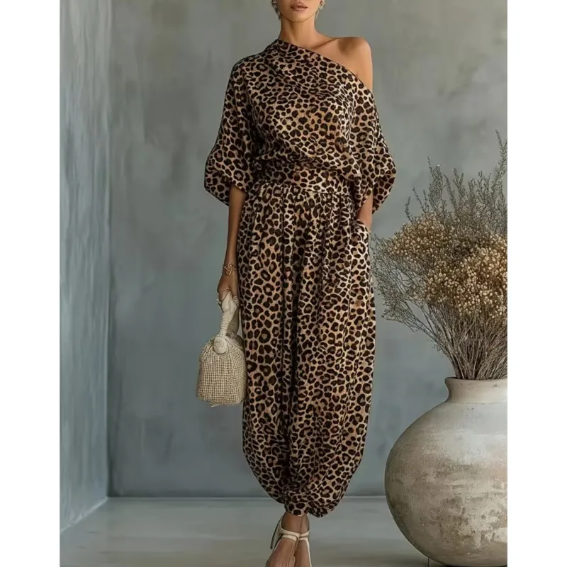 Sexy Leopard Print Loose Sloping Shoulder Top+lantern Pants Two-piece Set Women's Spring Autumn Fashion Long Sleeved Office Suit