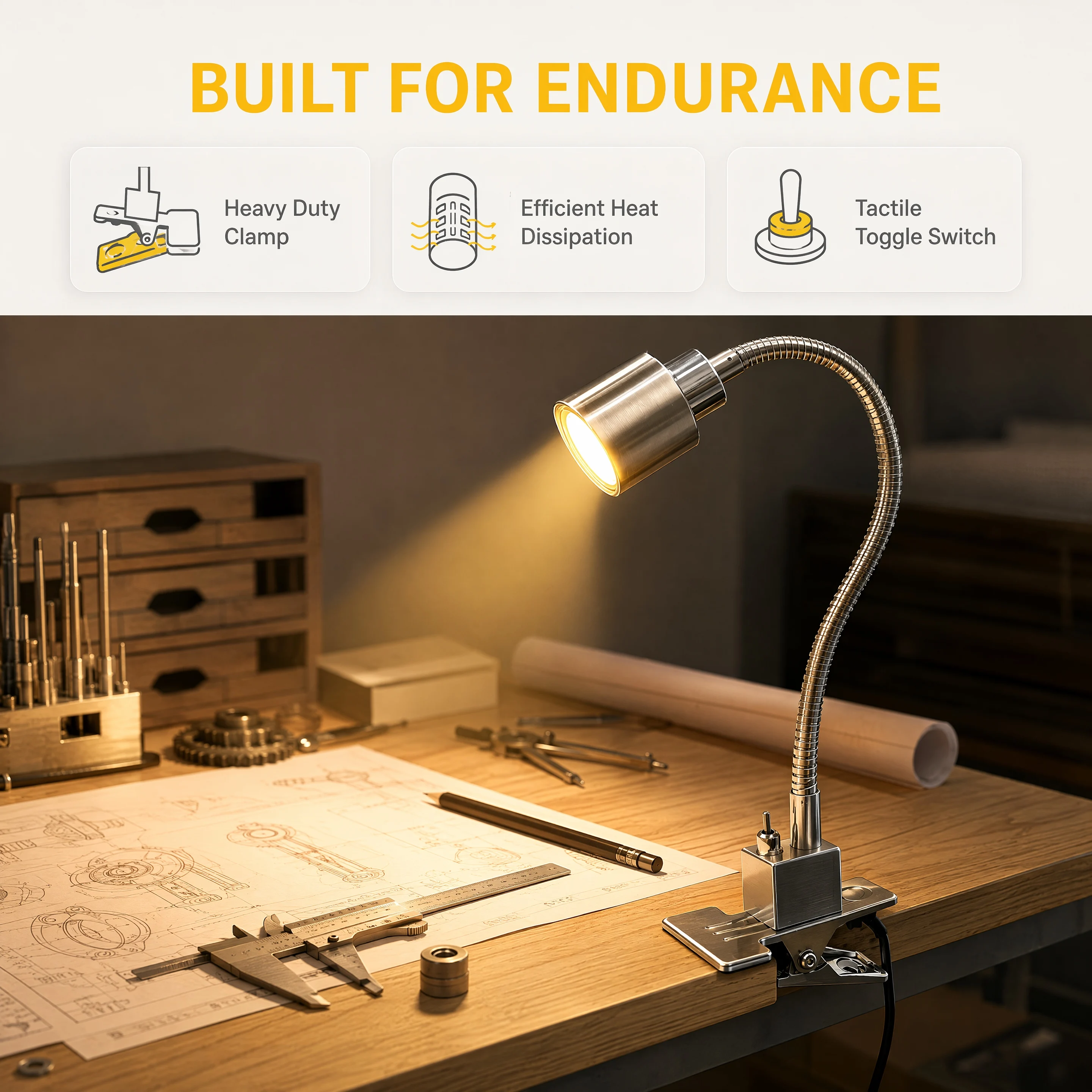 Flexible Gooseneck Clip On Lamp 230V EU Plug E27 Stainless Steel Clamp Reading Light for Desk Bedside Drafting Workbench Study