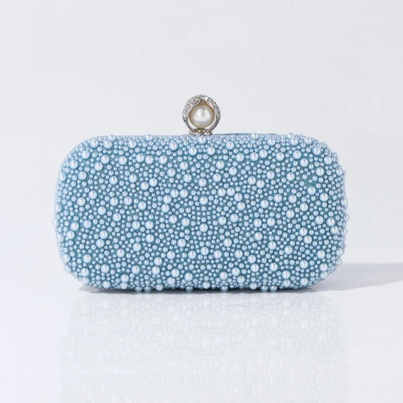 Ladies' Evening Bag Luxury Light Blue Pearl Beaded Clutch Purse Long Metal Chain Rhinestone Buckle Hardcase Handbag for Wedding