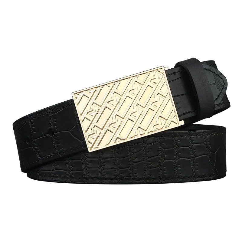 Cinturones marrones vintage de lujo de alta calidad para hombre, hebilla deslizante, cinturilla de diseñador en relieve, pantalones vaqueros de cuero genuino para hombre, ceinture homme