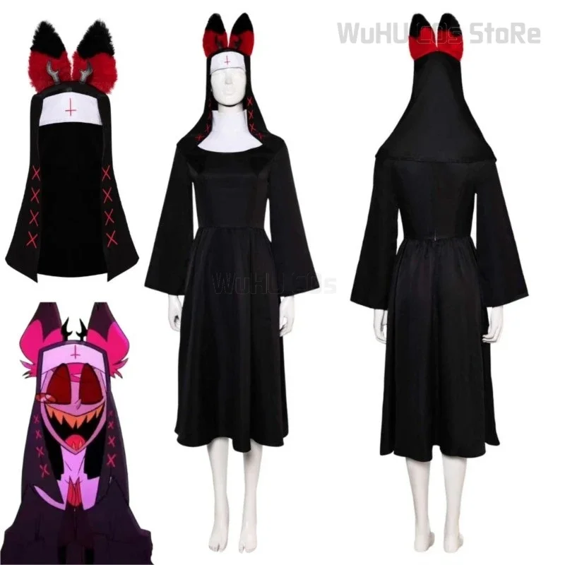 Nun Alastor Cosplay fantasía hasbin disfraz de Hotel de dibujos animados disfraz mujeres niñas vestido negro sombrero trajes Halloween traje de Carnaval