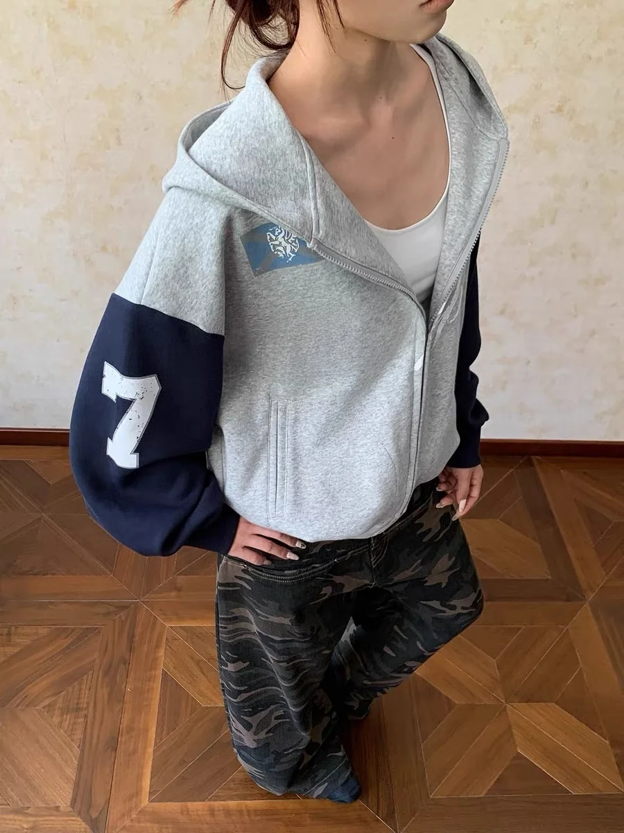 American Sle Color Blo Letter Print Hooded Open Cardigan Sweatirt ex Autumn Winter Versatile Loose Outerwear