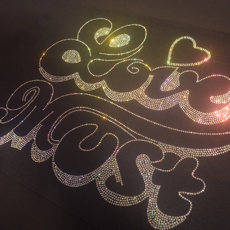 Sparkling Love Motif with Elegant Script Rhinestone Heat Transfer for Tops, Bags and Romantic Home Decor​