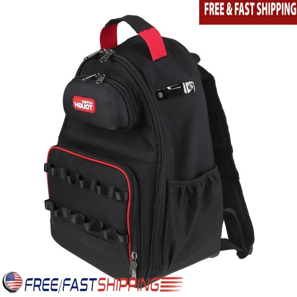 

Portable Tool Backpack with 20 Pockets and Loops Zippered Glasses Case External Tape Measure Clip Padded Straps Hard Base Feet