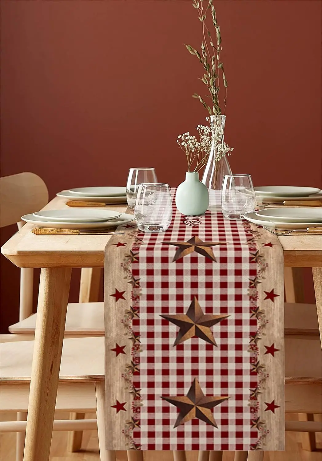 Rustic Barn Texas Western Linen Table Runners Star Berries Red Buffalo Plaid Table Runner Farmhouse Kitchen Dining Table Decor