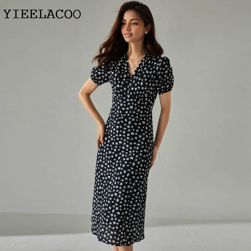 فستان أسود مُزين بنقشة الزهور بأكمام قصيرة نحيف 2026 فستان نسائي للربيع والصيف لقضاء العطلات من قطعة واحدة فستان كلاسيكي للسيدات #2