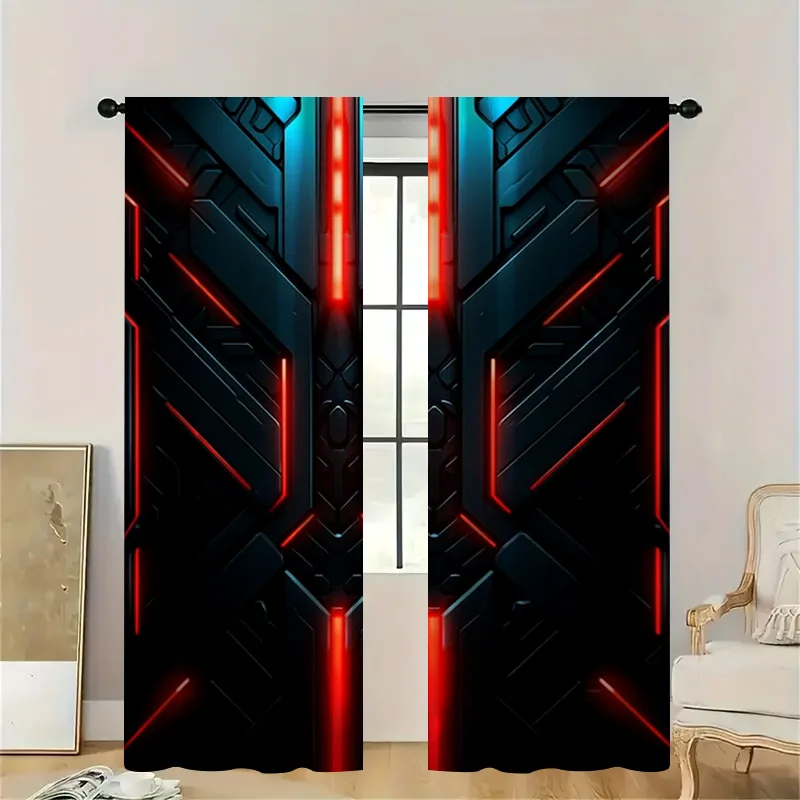 2pcs Tech Geometric Curtains with Rod Pocket, Black with Red Circuit & Blue Block Pattern Sheer , Modern Sci-Fi Room Decor