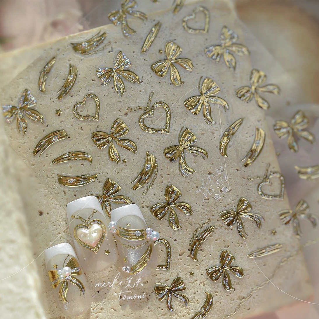 

Hot Stamping Gold Bowknot Silk Ribbon Love Heart Chain Necklace Delicate Chic Nail Art Sticker Pearl Rhinestone Manicure Decals