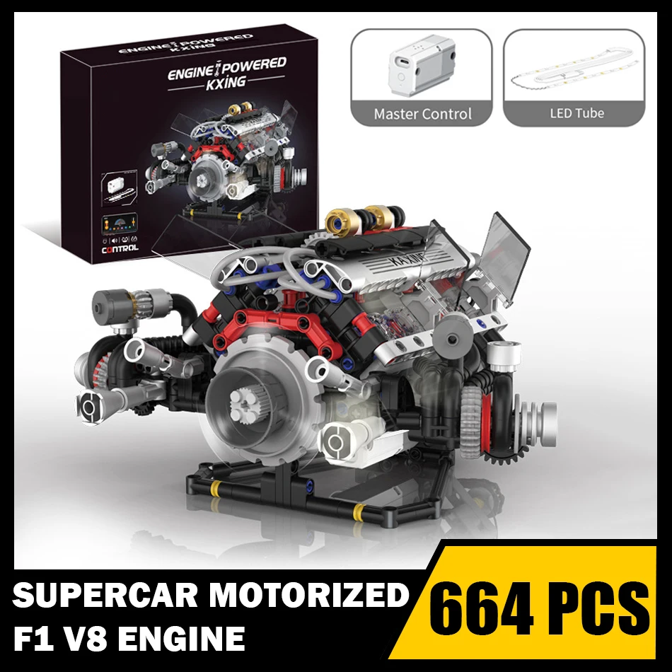 MOC Supercar F1 Motorized V8 Engine Model Building Blocks Car Parts Electrical Drive Engine Assembly Bricks Toy Adults Kids Gift
