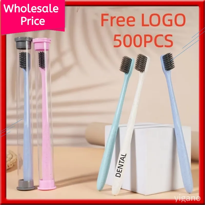 500 Pack Free logo Wheat Straw Toothbrushes with Tube Eco Friendly Recyclable Biodegradable Non Toxic Teethbrush