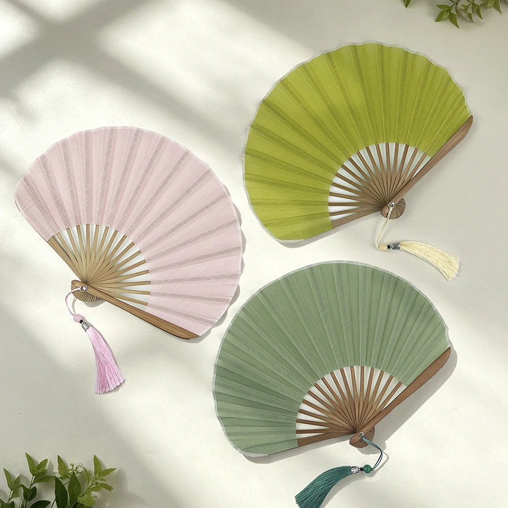 Cotton Linen Cloth Folding Hand Fan Bamboo Frame With Tassel Mini Shell Fan Shell-Shaped Decoration Retro Handheld Fan