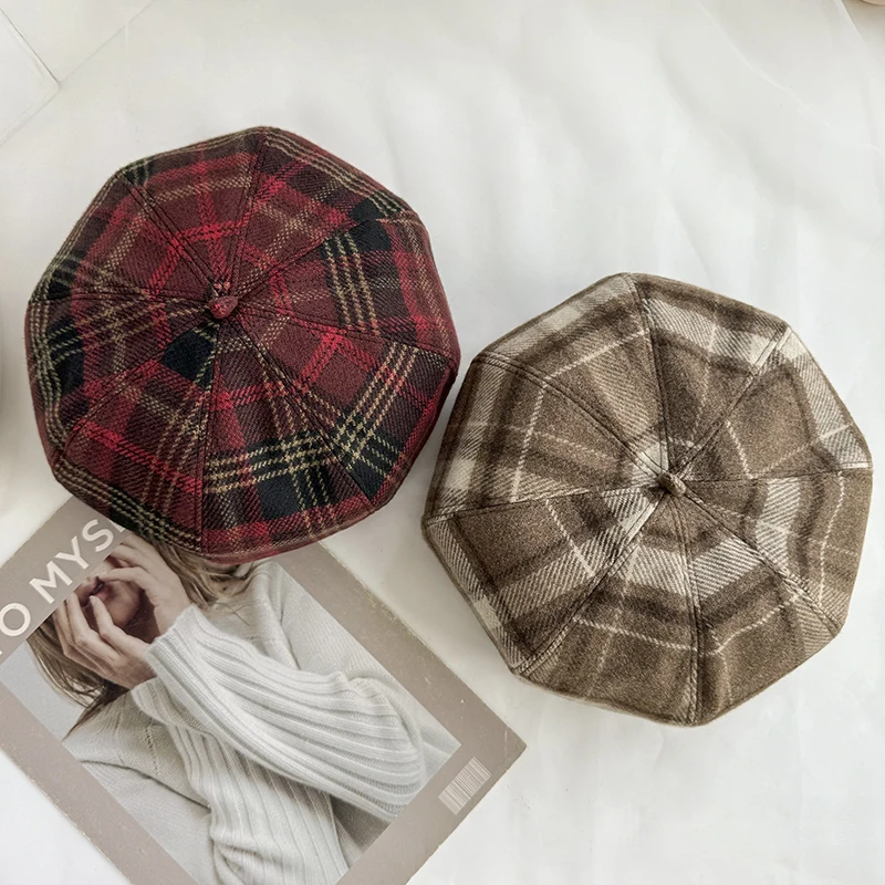 Autumn and Winter Retro Plaid Beret Female British Style Fashion Versatile Octagonal Hat Street Shot Thickened Warm Painter Hats