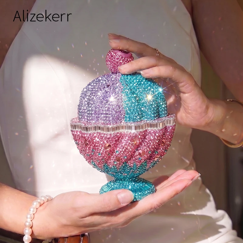 Alizekerr Ice Cream Cup Rhinestone Clutch Bag Women Luxury Cute Metallic Shiny Crystal Sundae Evening Purse Prom Wedding Events