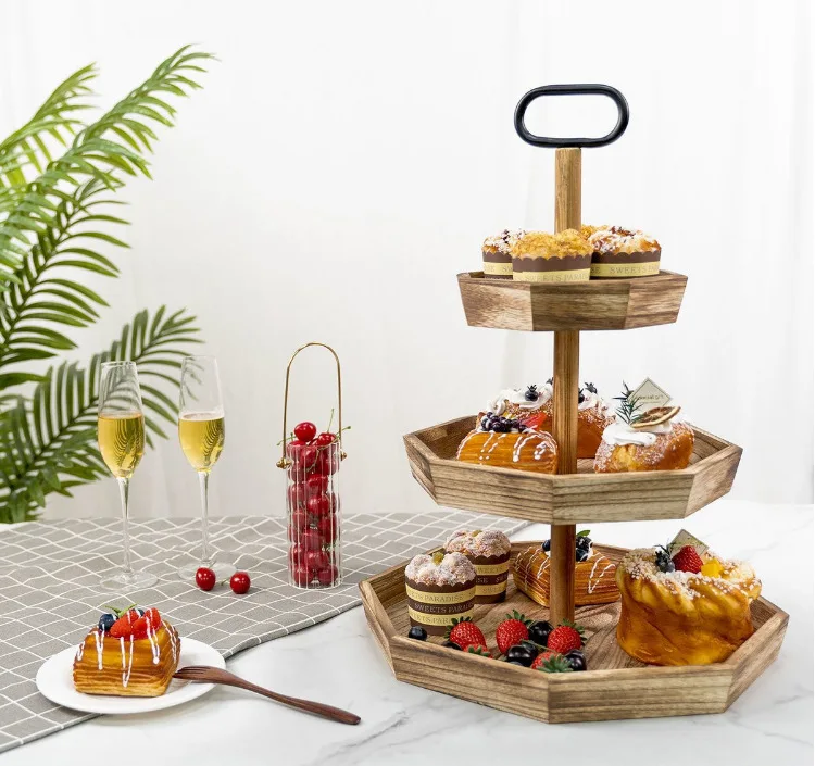 Carved Wood Round Serving Tray Home Buffet Dessert Display Plate Back to School Storage Plate Wooden Cake Bent Snacks Stand