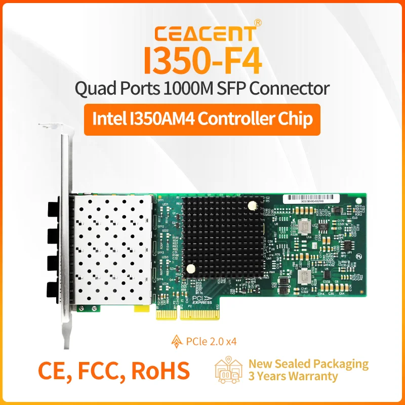 I350-F4 1000Mbps PCI-E X4 Etherent Network Card 4-Port SFP Optic Fiber NIC Intel I350 Chipset Low-Profile Form Factor