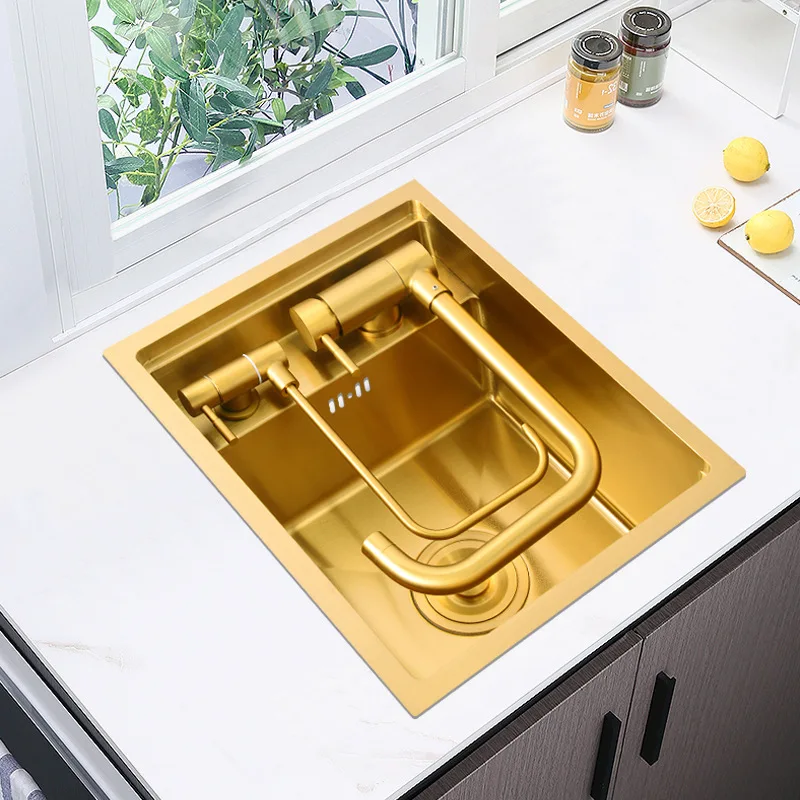 Brushed Gold Hidden Kitchen Sink Small Size Single Bowl for Bar Balcony Sink Concealed Kitchen Sink Stainless Steel