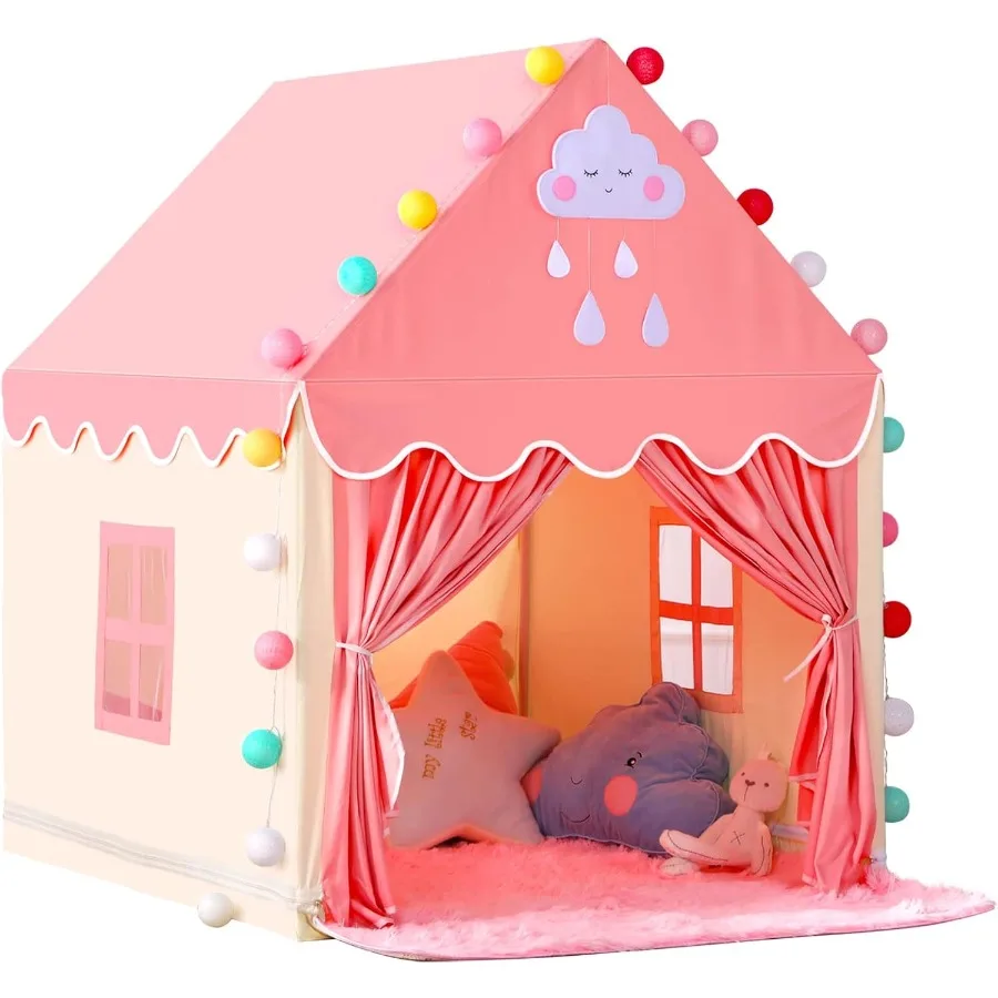 

Pink Large Fairy Playhouse for Girls Play Tent with Rug Princess Castle Tent Gift Toy for Toddler Durable Fabric Play Tent for