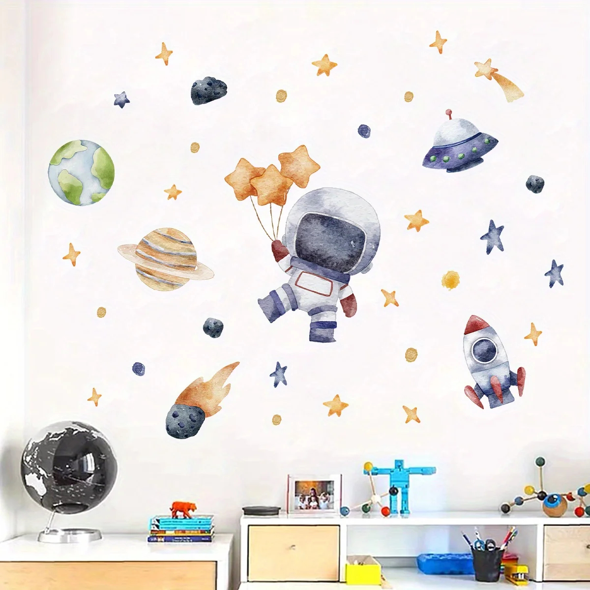 Cartoon Cute Astronaut Spaceship Rocket Planet Star Space Wall Stickers for Bedroom Living Room Nursery Decoration Wall Decal