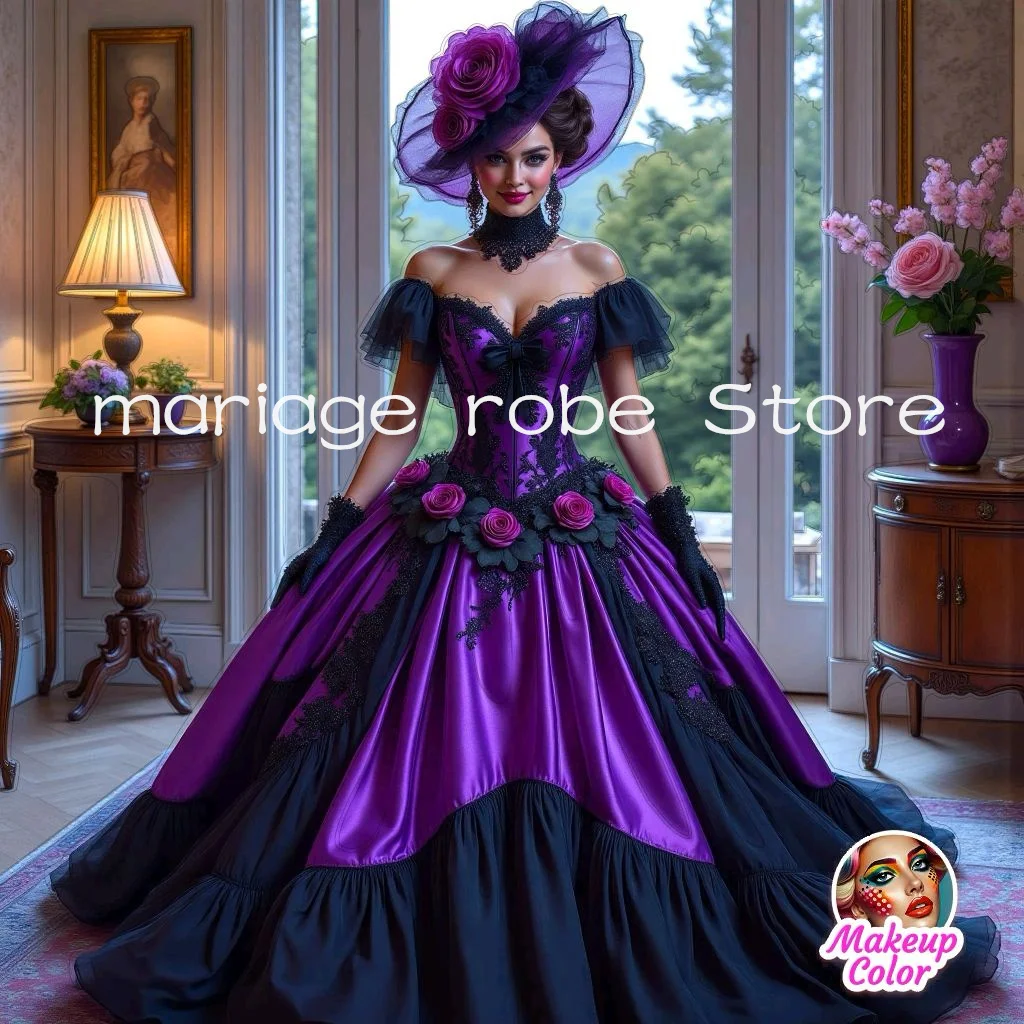 

Черное фиолетовое готическое викторианское платье для выпускного вечера с открытыми плечами и корсетом на шнуровке Вечернее платье с цветочным принтом Маскарадный наряд по индивидуальному заказу