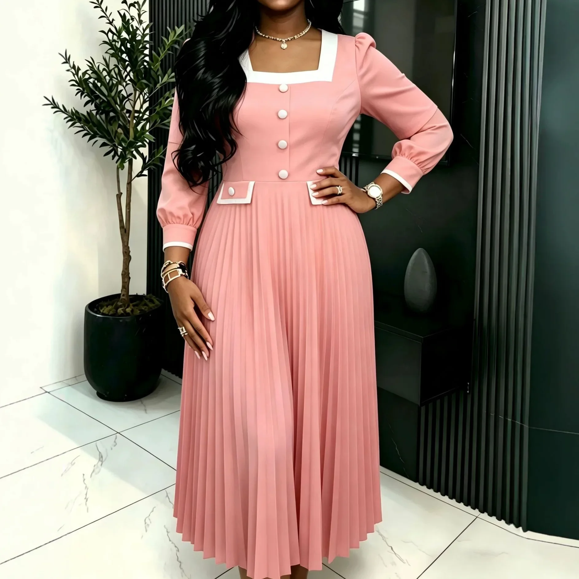 African Dresses for Woman New Square Neck Full Sleeve Buttons Pleated Ankle Length Female Birthday Party Dress Africa Clothing