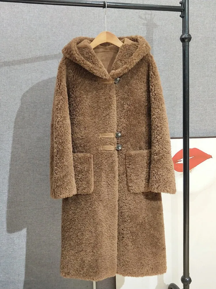 Inverno casual moda feminina casaco de lã com capuz cor sólida quente solto ajuste único breasted moda senhora ovelhas tosquia jaqueta longa