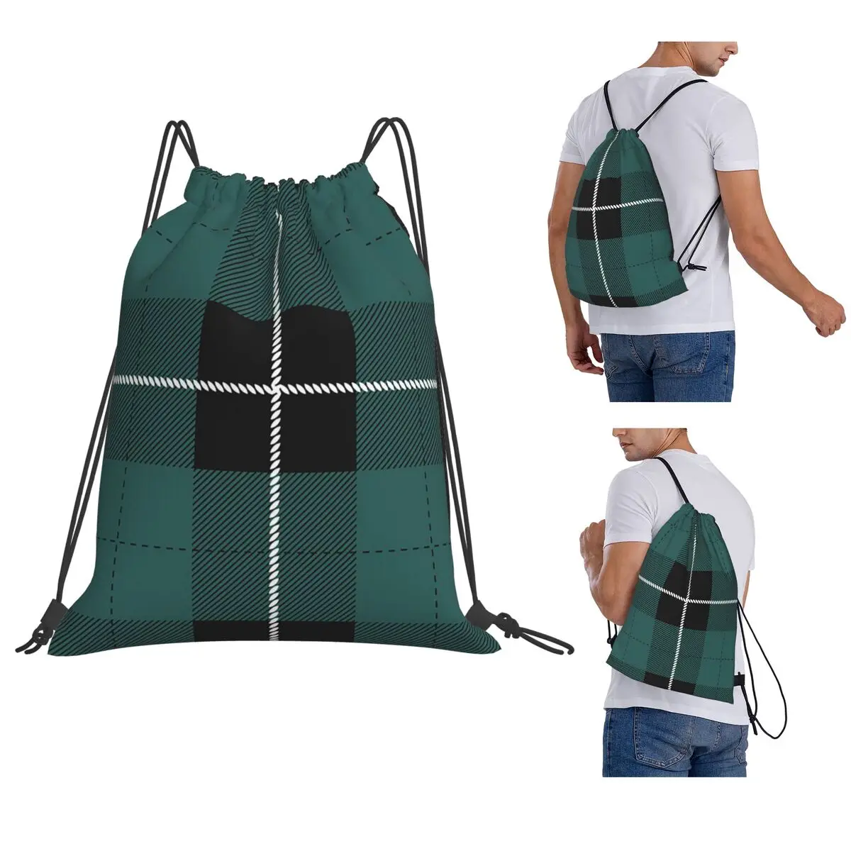 

Teal And Black Buffalo Plaid Backpacks Portable Drawstring Bags Sundries Bag Book Bags for Travel Students