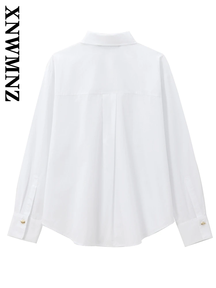 XNWMNZ 2024 Autumn New Woman Sophisticated Turn-down Collar Shirt Casual Lady White Gold Button Ruffles Regular Fit Long Sleeve