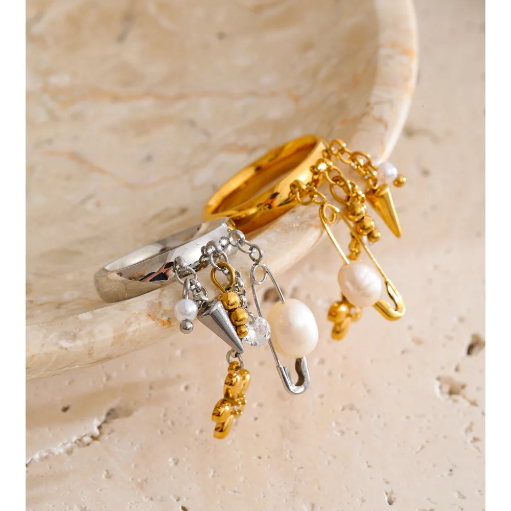 Handmade Stainless Steel Pearl Flower Tassel Ring