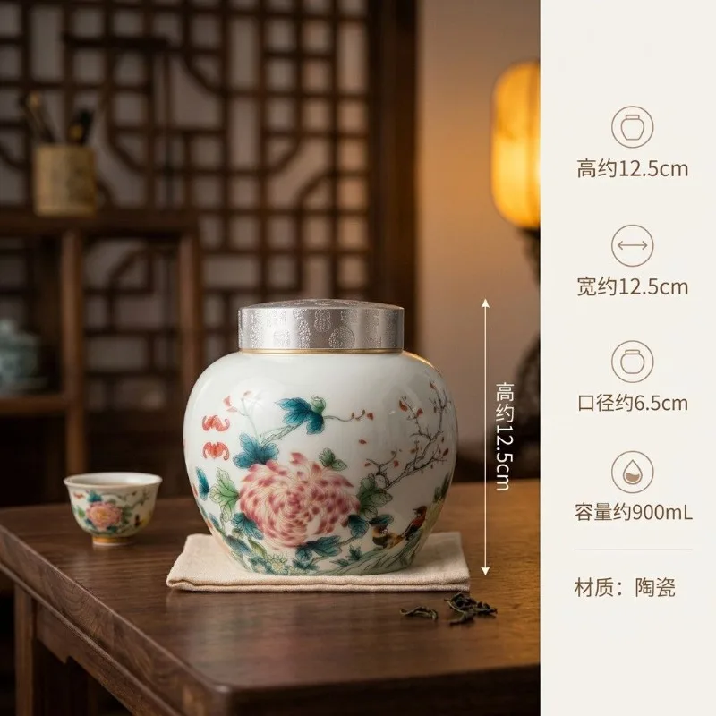 Creative Alloy Threaded Ceramic Storage Jar Moisture-Proof Sealed Tea Jar Painted Flower Ceramic Storage Jar Food Container