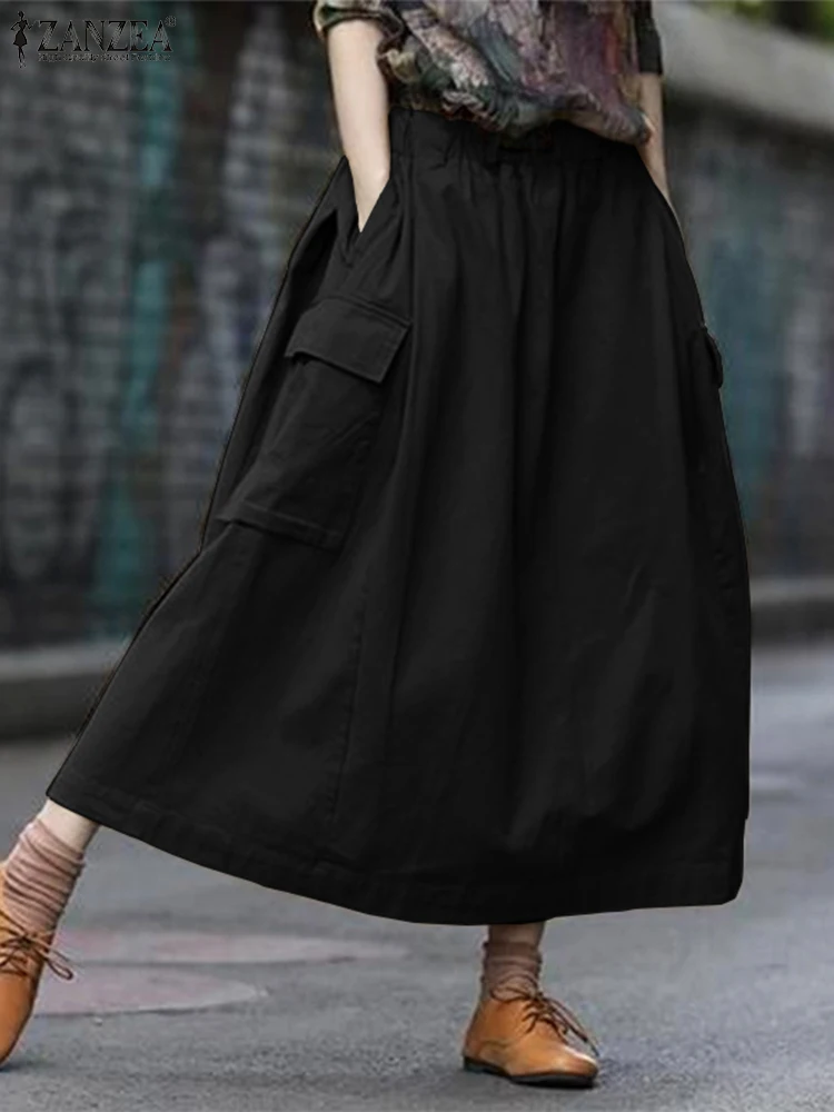 ZANZEA Oversized Elastic High Waist Midi Skirts 2024 Women Casual Loose Long Skirt With Pockets Solid Color Fashion Cargo Skirts