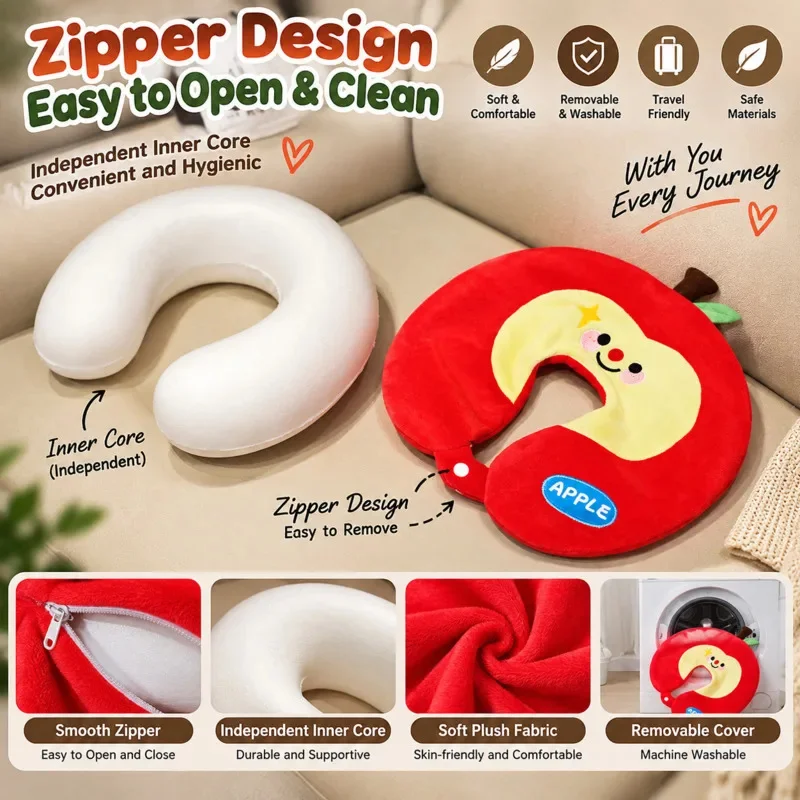 U Shaped Pillow 30x30x8cm Cute Apple Memory Foam Portable Travel, Neck Support Office Nap Cushion, Soft Plush Car Headrest Gift
