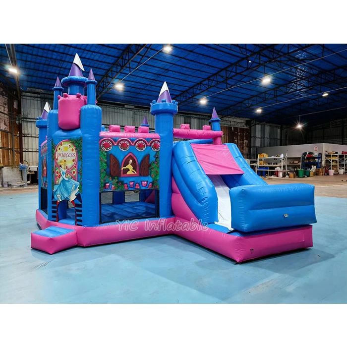 

Princess Pink PVC Inflatable Bouncer Bouncy Castle With Mini Slide For Parties And Entertainment Custom Printed Logo