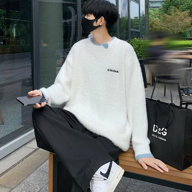 

Men's Autumn Winter Fashion Faux Mink Wool Fake Two-piece Pullover Trendy and Versatile Worn Inside Outside Knitted Sweater