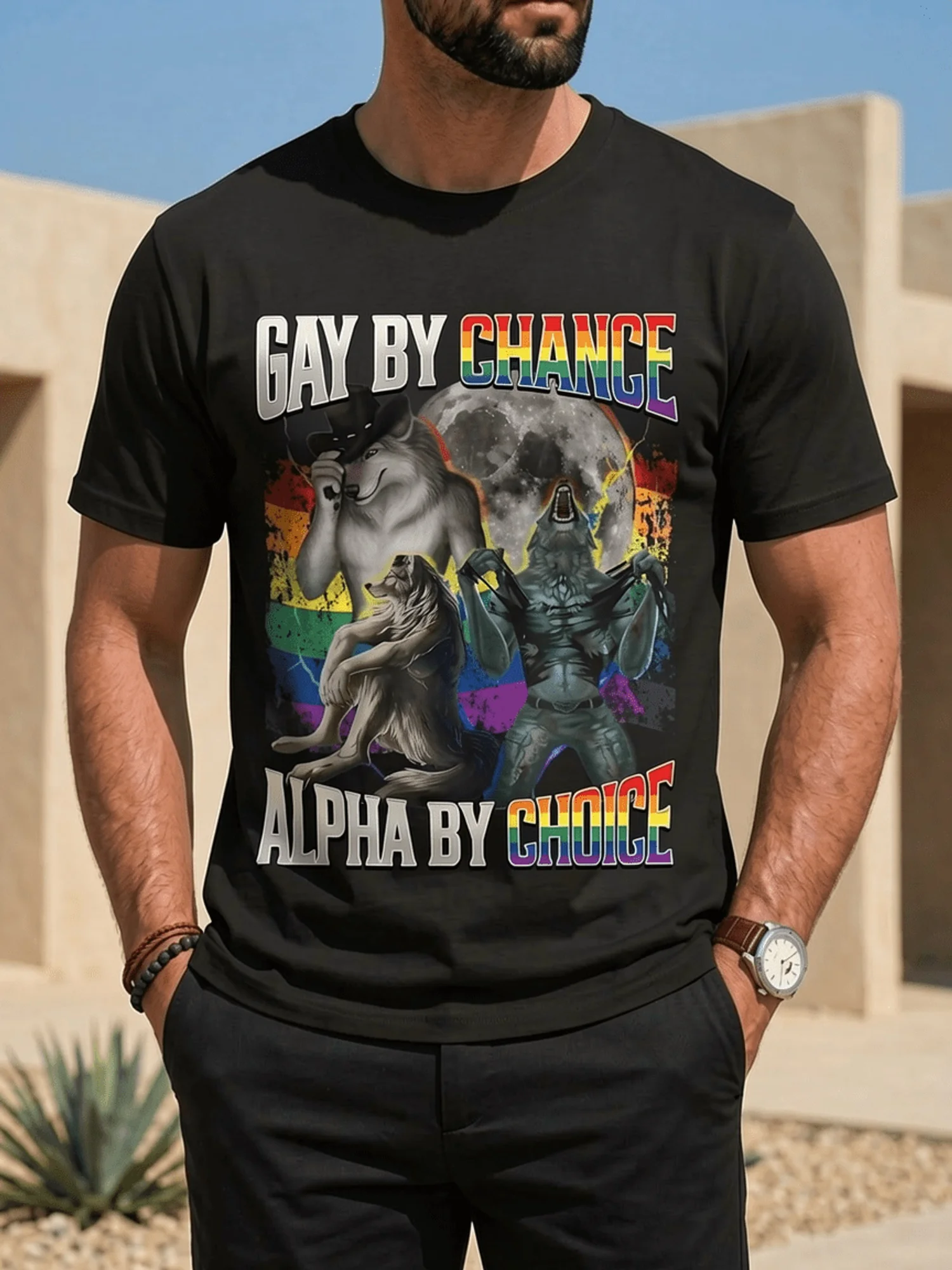 Gay By Chance Alpha By Choice Alpha Wolf LGBTQ+ Pride Graphic T-Shirt- Black 100% Cotton Crew Neck Tee with Rainbow Wolf Design