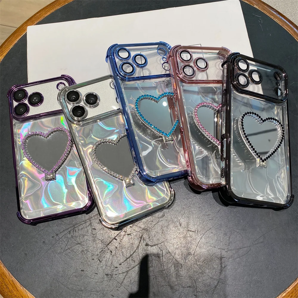 

Luxury Stylish Laser Heart Glitter Diamond Mirror Clear Phone Case for iPhone 17 Pro Max 16 15 14 13 Magnetic Ring Holder