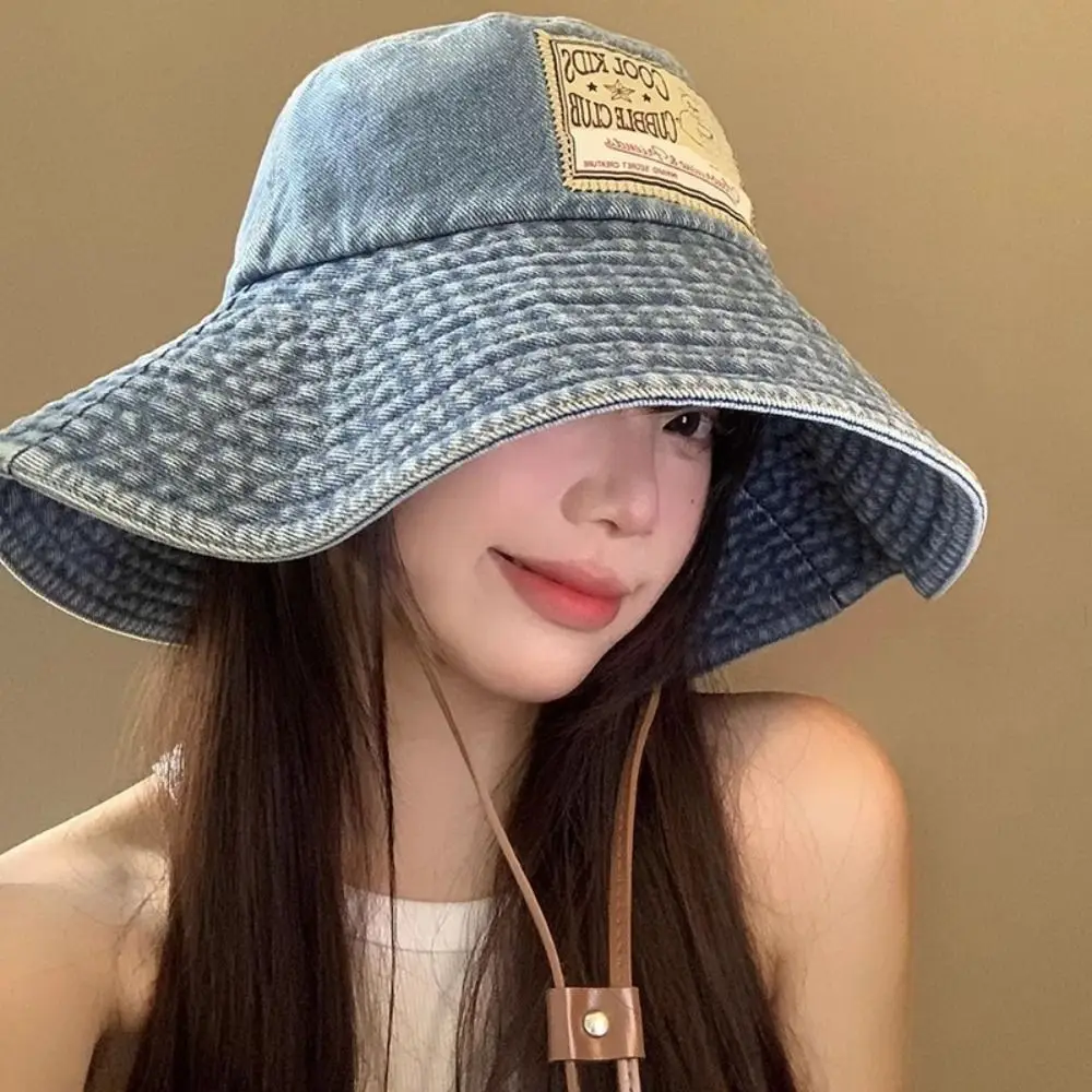 

Sweet Big Brimmed Denim Bucket Hat Wide Wings UV Protection Jeans Fisherman Hat Sunscreen Visor Sunscreen Hat Girls