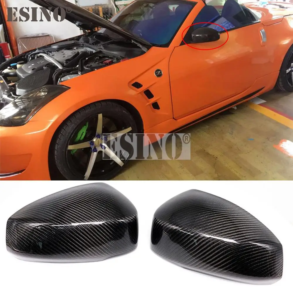 2 x Car Styling Real Carbon Fiber Rear View Side Mirror Adhesive Covers Case Trims For Nissan Z350 2003 - 2008