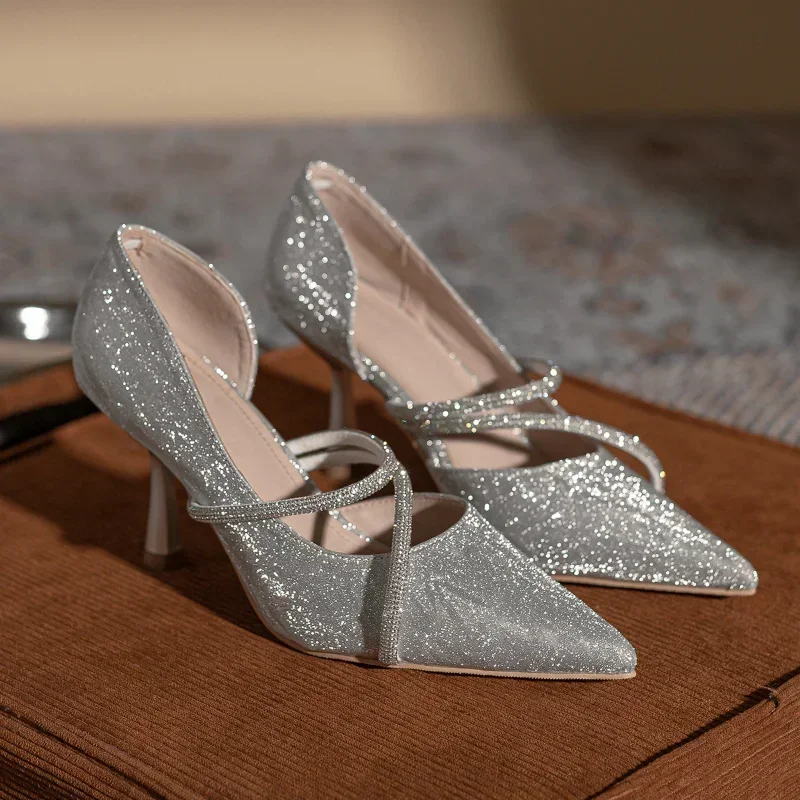 

Women's Fashion Luxury Rhinestone Pumps Women New Spring Silver High Heel Sexy Pointed Pumps Elegant Party Ladies Wedding Shoes