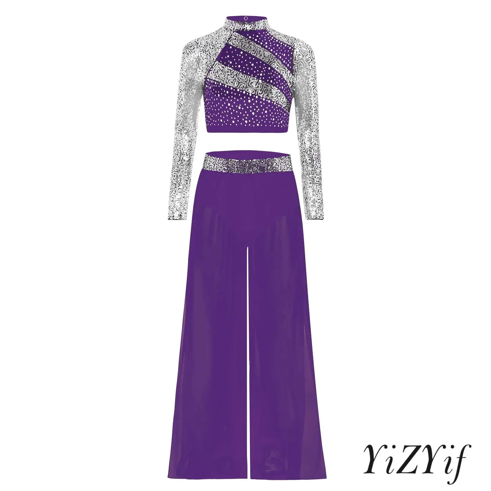 

Girls Dance Costume Set Long-Sleeved Sequins Cutout Back Crop Top with Flowing Chiffon Overlay Wide-Leg Side Slit Dance Pants