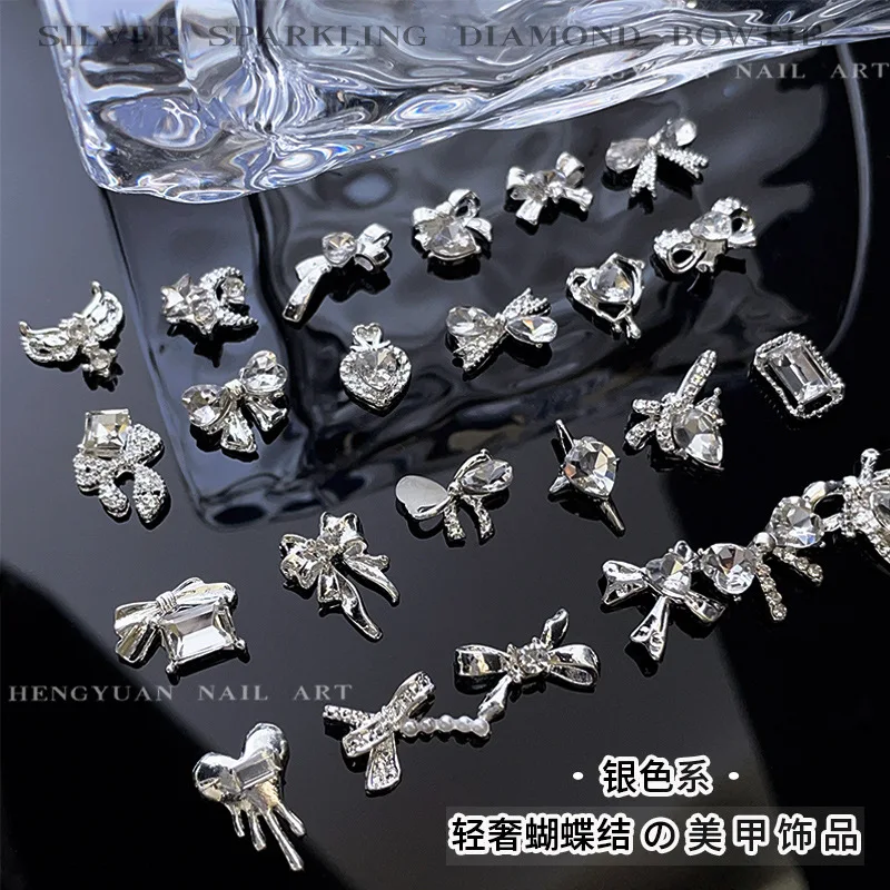 Bowknot Nail Art Accessories, Light Luxury, Super Shiny, Diamond-Encrusted, Heart-Shaped Bow Tie, Three-Dimensional Pearl Streamer, Nail Decorations